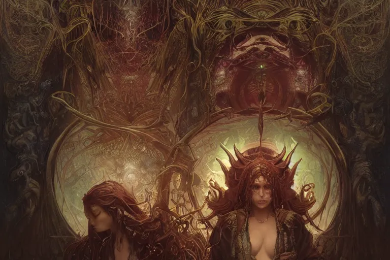 Image similar to a lovecraftian painting of a demonic shrine, occult, unholy ritual, cosmic horror elements, ultra realistic, concept art, intricate details, eerie, highly detailed, photorealistic, octane render, 8 k, unreal engine. art by artgerm and greg rutkowski and alphonse mucha