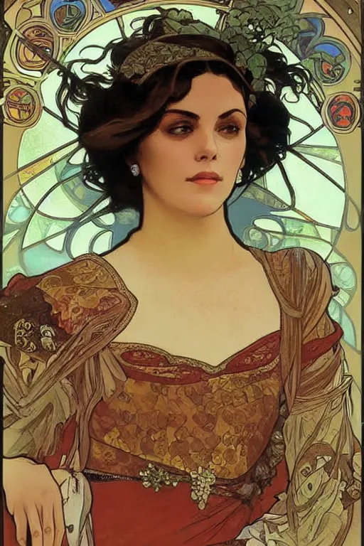 Image similar to portrait of monica belucci from the movie malena, artwork by alphonse mucha