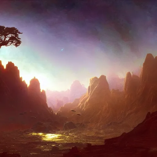 Image similar to A landscape from an alien exoplanet, monsters in the background, trending on artstation by Albert Bierstadt