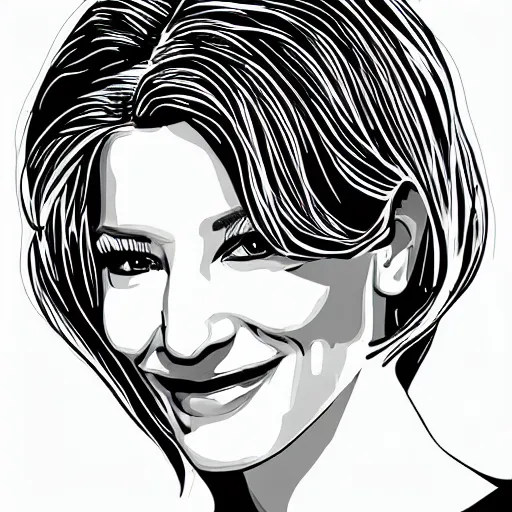 Image similar to a simplified black and white vector based illustration of cate blanchett, created in Adobe illustrator, black ink shading on white background, smooth vector curves, vinyl cut ready