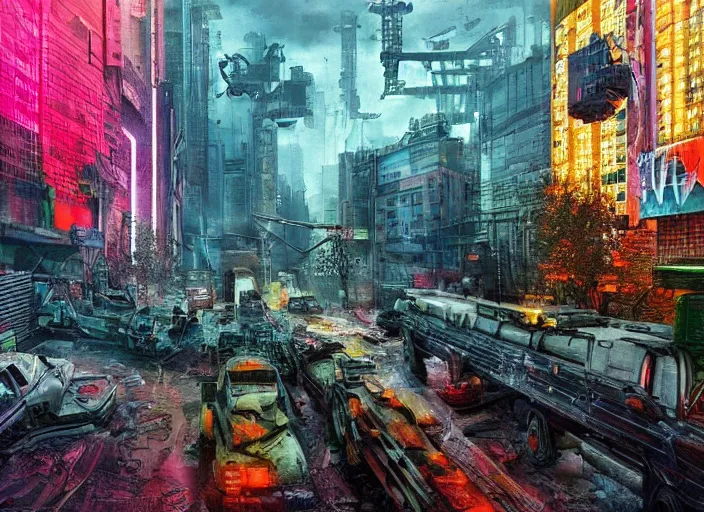 Image similar to an unbelievable dystopian scene, highly detailed, contrasting bright and colours with a hint of neon