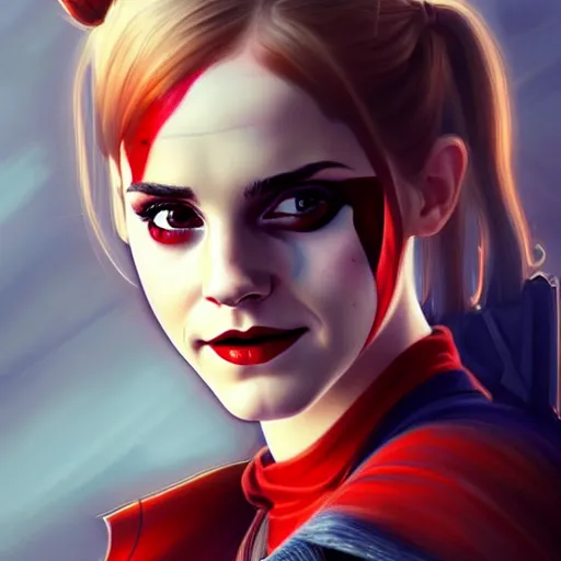 Image similar to Beautiful Emma Watson as Harley Quinn, western, D&D, fantasy, intricate, elegant, highly detailed, digital painting, artstation, concept art, matte, sharp focus, illustration, art by Artgerm and Greg Rutkowski and Alphonse Mucha