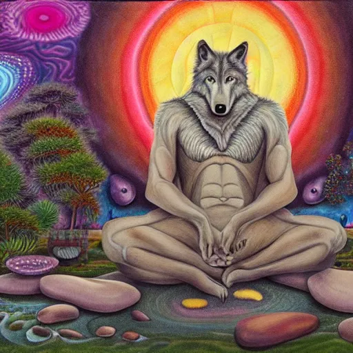 Image similar to an anthromorphic wolf man meditating in a zen garden, by amanda clark and amanda sage in a psychedelic style, oil on canvas