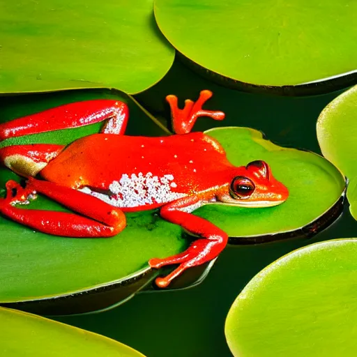 Image similar to photograph of a red frog on a lily pad in a swamp