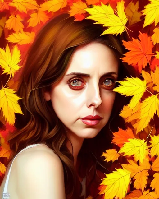 Prompt: gorgeous young Alison Brie, realistic character concept, full body, autumn leaves, orange yellow, shorter neck, illustration, symmetrical face and body, realistic eyes, cinematic lighting, detailed realistic symmetrical eyes, artgerm, Joshua Middleton, Charlie Bowater, single face, insanely detailed and intricate, beautiful