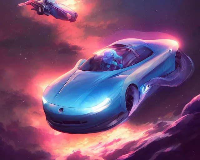 Image similar to a car in space, cosmic skies. 8 k, octane render. by makoto shinkai, stanley artgerm lau, wlop, rossdraws, james jean, andrei riabovitchev, marc simonetti, krenz cushart, sakimichan, d & d trending on artstation, digital art.