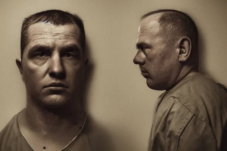 Image similar to an ultra realistic, cinematic headshot portrait of a prison guard, sat in an office, deep focus, dreamy, dramatic lighting, by hendrik kerstens