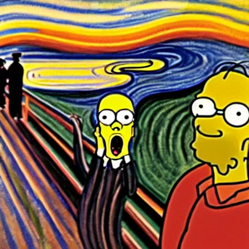 Prompt: the scream with with homer simpson by artist edvard munch