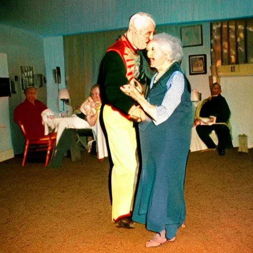 Image similar to a couple of grandparents of 1 0 0 years old wearing knight iron costume and dancing, kodachrome, backlight, add a glow around subj. edge, in twin peaks, 1 9 9 0 s