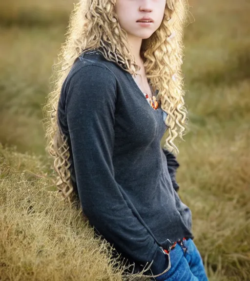 Prompt: a professional 8 5 mm highly detailed portrait of annabeth chase, a caucasian eighteen year old girl that looks like a california valley girl, intense stormy gray eyes, blonde curly hair, professional photography, midday lighting, defiant, beautiful