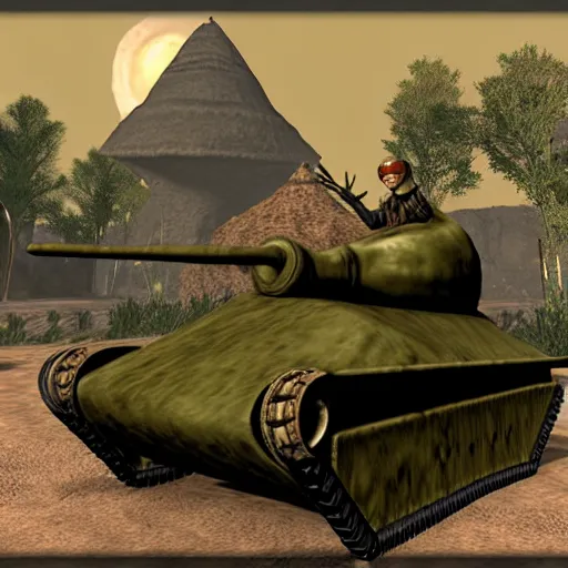 Image similar to a morrowind elf driving a wwii tank in morrowind, retro 3 d graphics, game screenshot