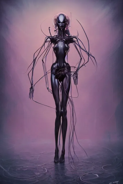 Prompt: portrait of an elegant alien spider queen, long legs, many legs, spindly legs, full body character concept art, by artgerm, tom bagshaw, gerald brom, vaporwave colors, lo - fi colors, vaporwave, lo - fi, moody vibe, goth vibe, 4 k, hd,