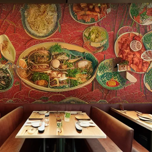 Image similar to a beautiful hyperdetailed interior 4 k hd wallpaper illustration of roasted string hotpot restaurant restaurant yan'an, corner, simple style, wall painting, from china, with merchant logo, fine delicate structure, surrealistic, chinese style, victo ngai