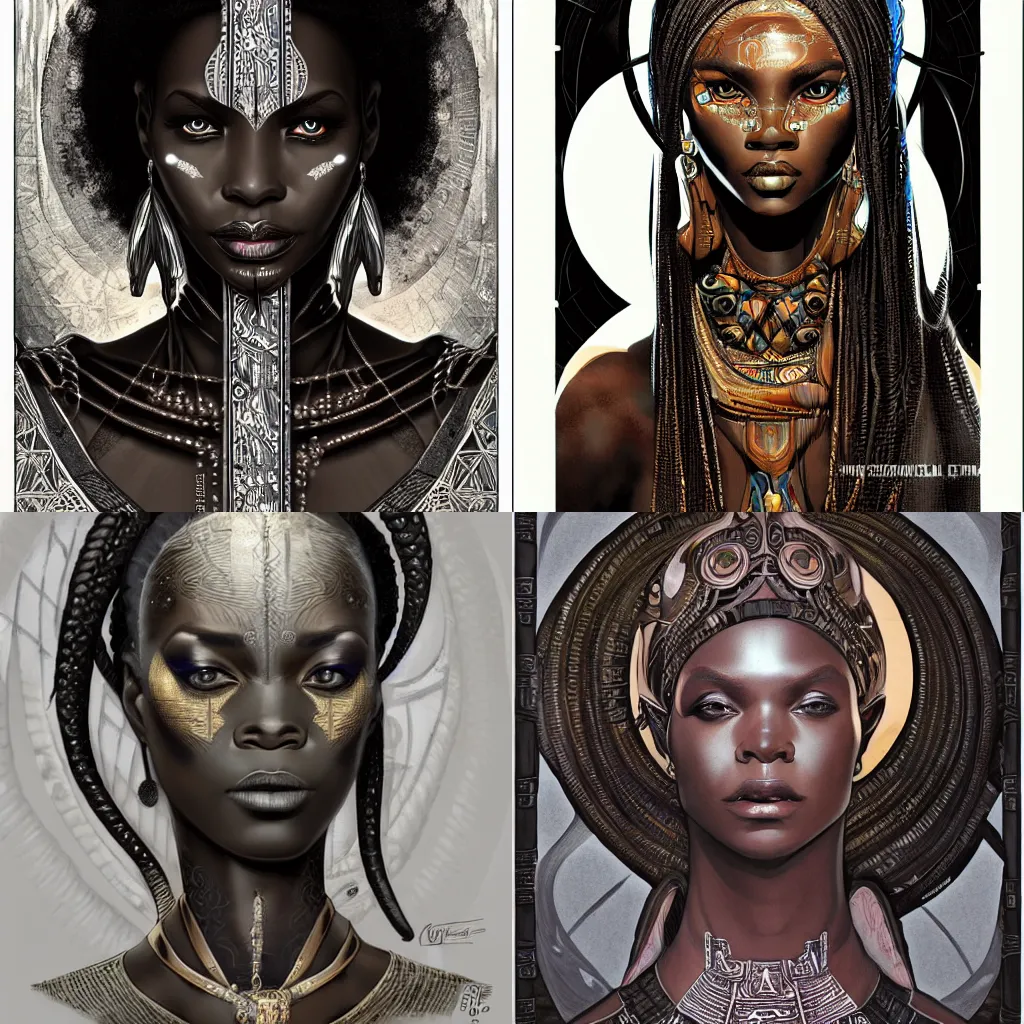 Prompt: black african princess, giger, symmetric, intricate, highly detailed, concept art, sharp focus, illustration, rutkowski, mucha, aleksi briclot