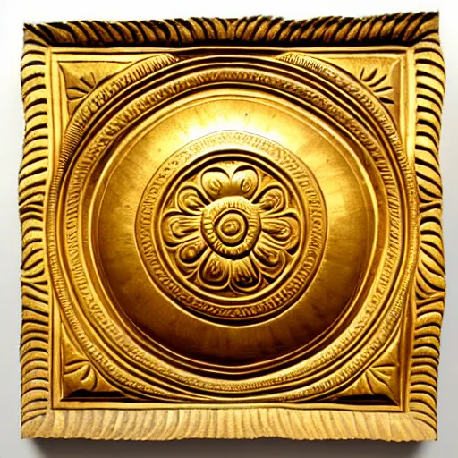 Prompt: ornate engraved carving of a high - relief rose in a flat circular inset on a square gold panel