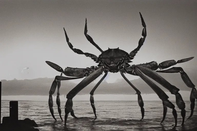 Image similar to giant crab attacking a california city, in 2 0 1 2, bathed in the the glow of the sunset, low - light photograph, photography ansel adams