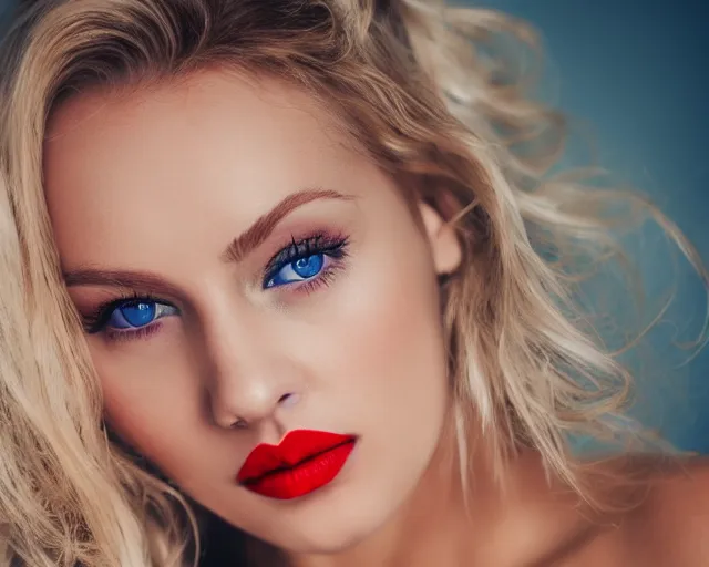 Image similar to A portrait of a beautiful blonde woman with beautiful blue eyes and beautiful red lips, piercing eyes, in heaven, highly detailed, bokeh, professional photograph, 4K, HD