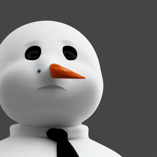 Image similar to a highly detailed humanoid snowman in business suit with black eyes and mouth, no nose, hyperrealism, professional, octane render, digital art