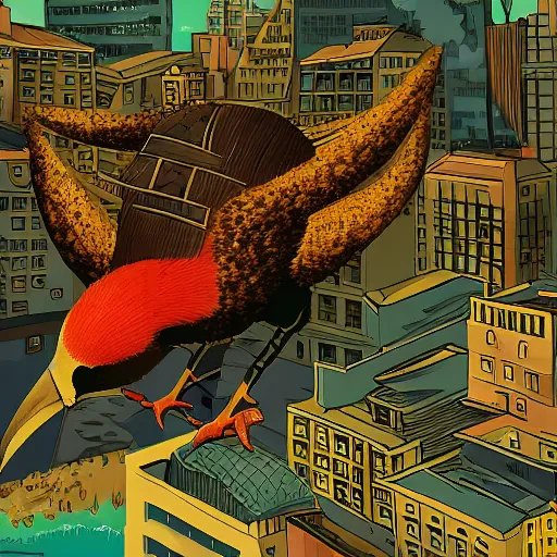 Image similar to giant kiwi bird destroying a city