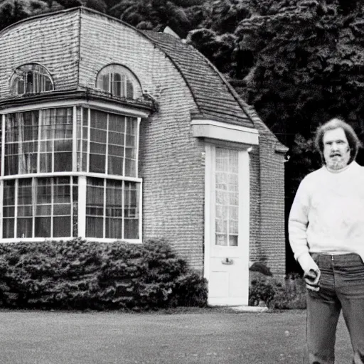 Image similar to a man stands next to the world's largest plum pudding in front of a suburban english house in the year 1 9 7 9