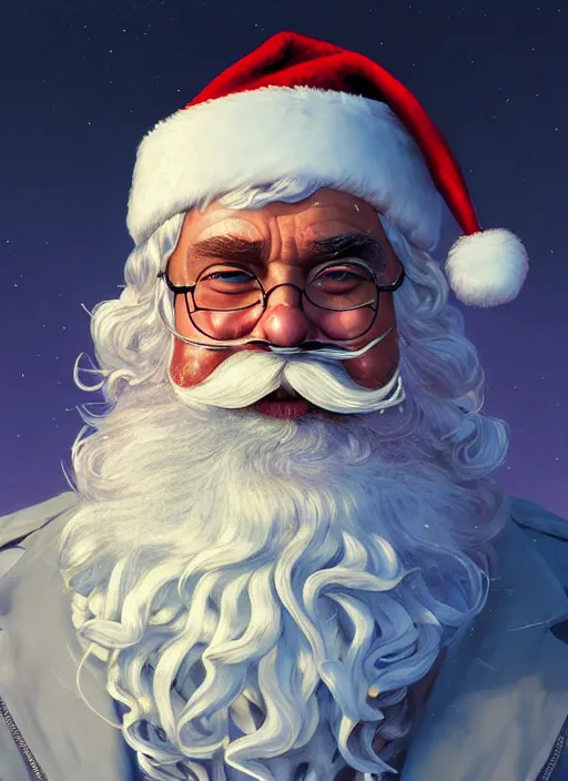 Image similar to Highly detailed portrait of santa claus on cocaine, in GTA V, Stephen Bliss, unreal engine, fantasy art by Greg Rutkowski, Loish, Rhads, ferdinand knab, Makoto Shinkai and Lois van baarle, ilya kuvshinov, rossdraws, Tom Bagshaw, alphonse mucha, global illumination, radiant light, detailed and intricate environment