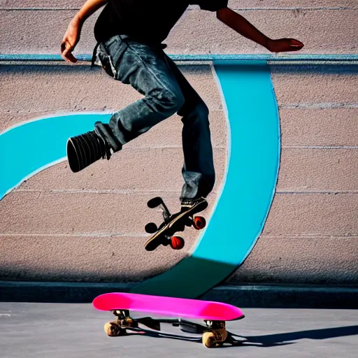 Prompt: professional photo of a skateboarder performing a grab trick, focused on brightly colored deck, 8 k, bright ambient lighting key light, 8 5 mm f 1. 8