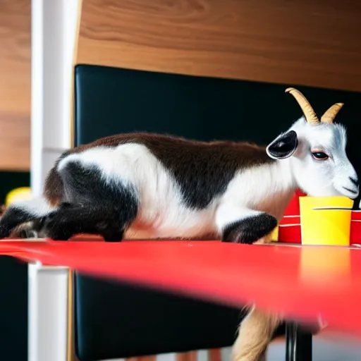 Image similar to a cute baby goat sitting in a booth eating at mcdonalds, mcdonalds interior background, close up of the baby goat, photo