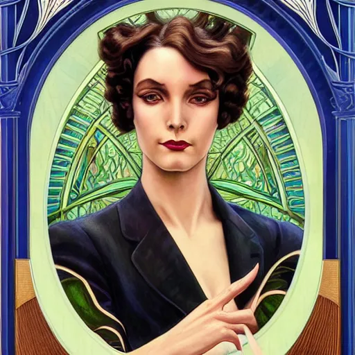 Image similar to an art nouveau, ( streamline moderne ), multi - racial portrait in the style of donato giancola and anna dittmann and charles dulac. very large, clear, expressive, and intelligent eyes. symmetrical, centered, ultrasharp focus, dramatic lighting, photorealistic digital matte painting, intricate ultra detailed background.