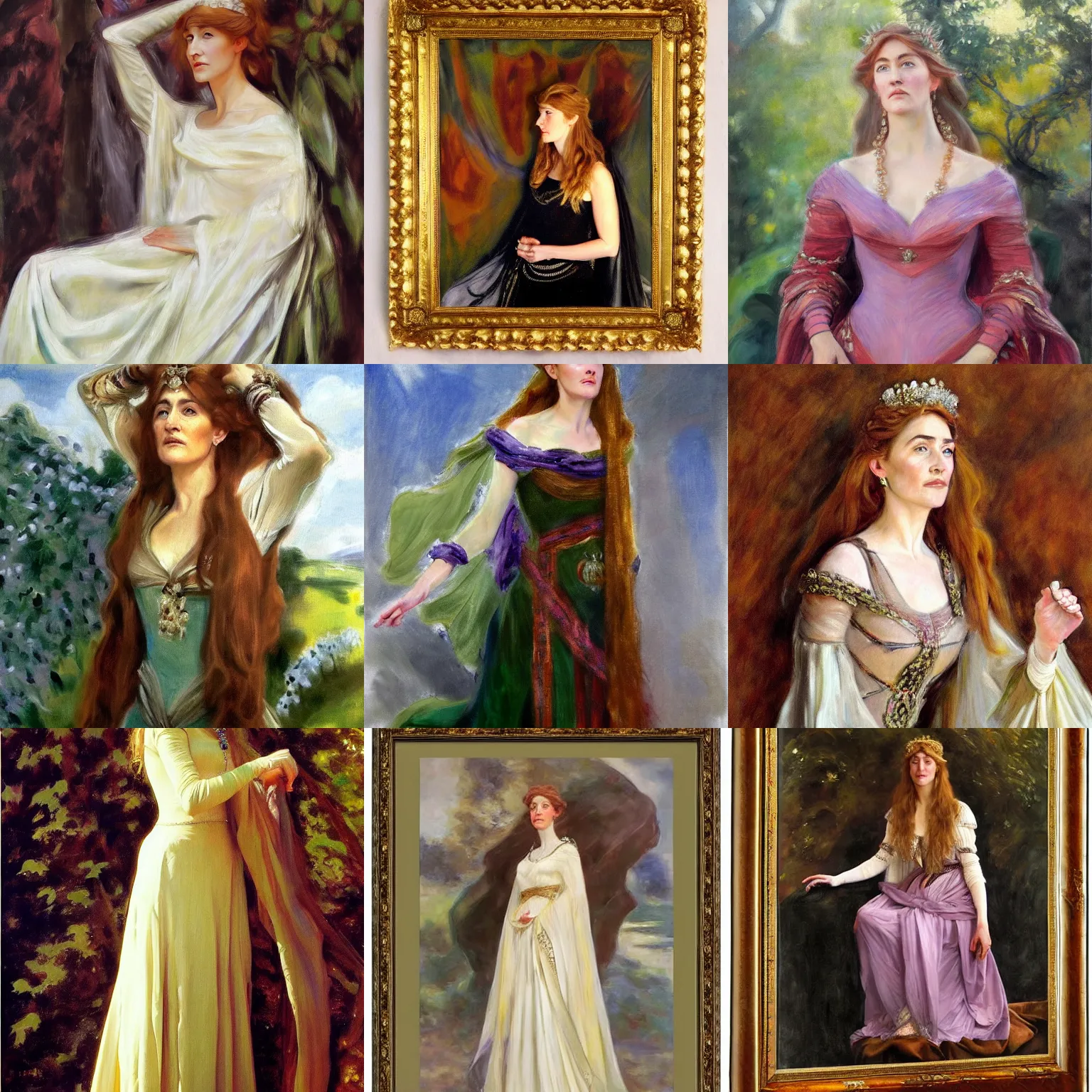 Prompt: full length portrait of a elven princess (Kate Winslet), oil canvas, inspired by John Singer Sargent's Ellen Terry as Lady Macbet