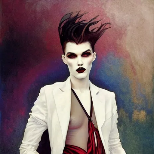 Image similar to beautiful portrait of androgynous ruby rose as desire from sandman in a white tuxedo!!!, rockabilly style,, by alphonse mucha, by jeremy mann, by peter lindbergh, cedric peyravernay, by frank moth, white suit and black tie, soft lightning, high detailed, 8 k