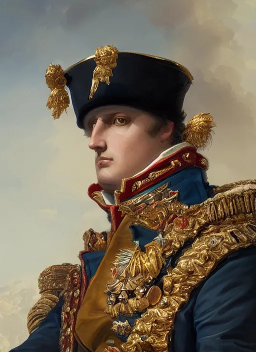 Image similar to grandiose epic portrait of napoleon bonaparte, french emperor, detailed painting, modern arstation style, 4 k, greg rutkowski, magalie villeneuve