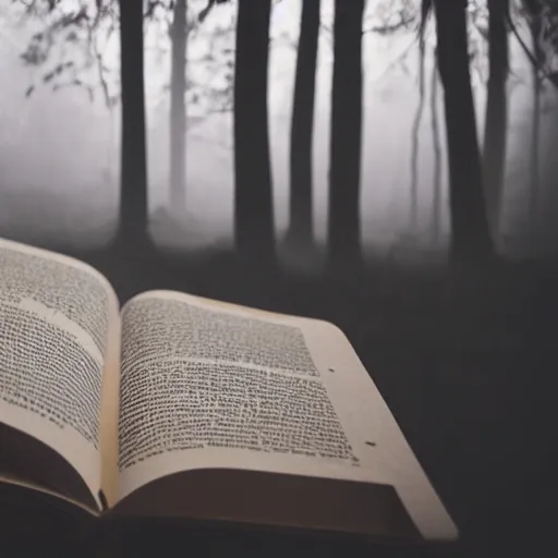 Image similar to studio photography of a book next to a campfire, nightime, spooky woods, fog, scary, horror, frightening