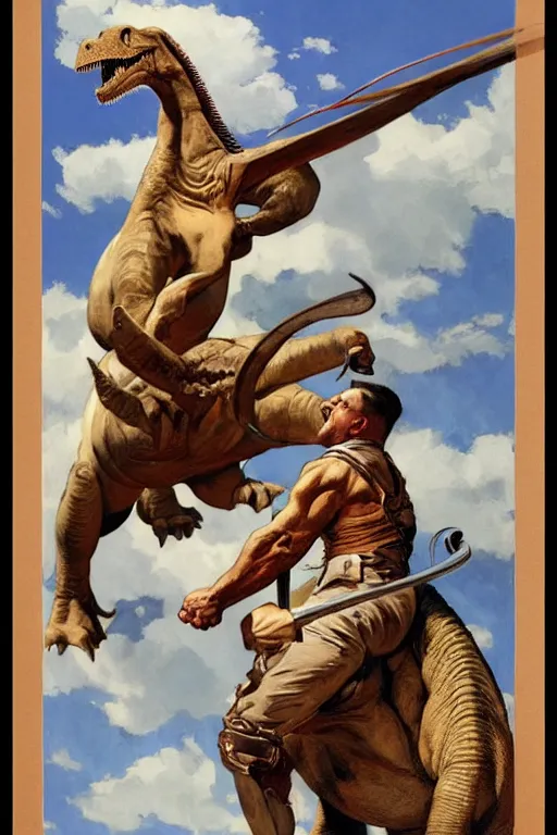 Image similar to strong man riding a dinosaur, by j. c. leyendecker, james gurney