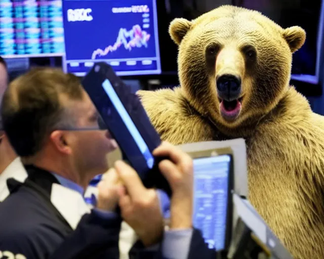 Prompt: Bears screaming on the floor of the NYSE as the markets rally to all-time highs