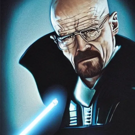 Prompt: walter white having a lightsaber duel with darth vader
