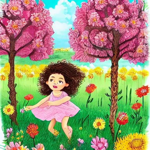 Prompt: a little girl with curly brown hair running through a field of flowers, highly detailed very beautiful fun children's book illustration by basia tran