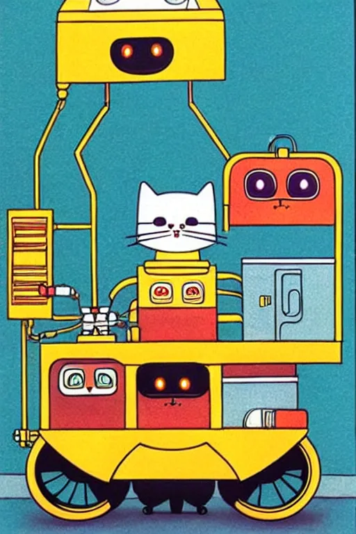 Image similar to ( ( ( ( ( ( ( a robot cat riding a cyber wagon ) ) ) ) ) ) ) by richard scarry!!!!!!!!!!!!!! muted colors, detailed