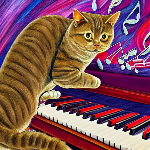 Prompt: british shorthair cat playing the piano, surrounded by musical notes, colorful detailed painting in the style of josephine wall 4 k