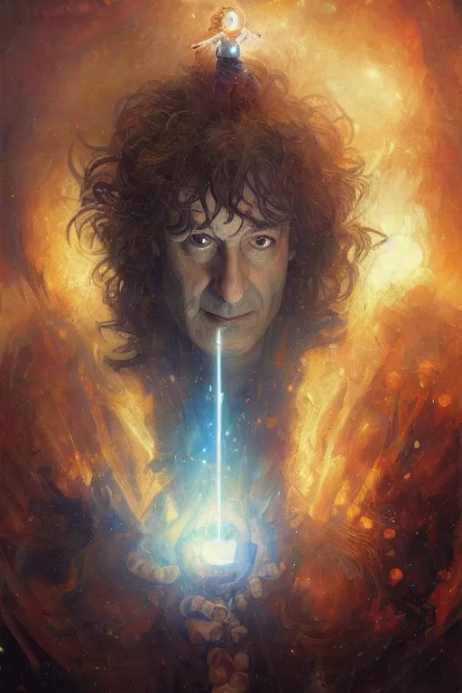 Image similar to neil gaiman as doctor who, radiant light, caustics, heroic, bright iridescent light, by gaston bussiere, bayard wu, greg rutkowski, maxim verehin bloom dramatic lighting