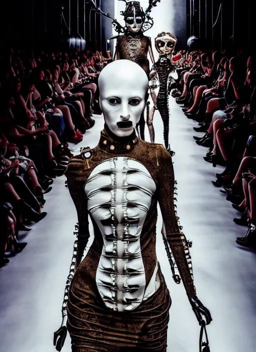 Image similar to walking down the catwalk, steven klein, show, stage, vogue photo, podium, h. r. giger organic steampunk fashion show photo,, beautiful woman, full body shot, masterpiece, inflatable shapes, white biomechanical details, highly detailed