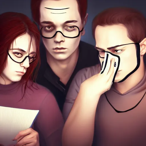 Prompt: realistic portrait of a terrified female author covering her face with a notebook while three male and one female characters look intensely, aesthetic!, trending on artstation, detailed digital art,