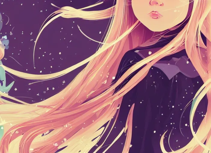 Image similar to little girl with long blonde hair dressed as a witch. clean cel shaded vector art. shutterstock. behance hd by lois van baarle, artgerm, helen huang, by makoto shinkai and ilya kuvshinov, rossdraws, illustration, art by ilya kuvshinov