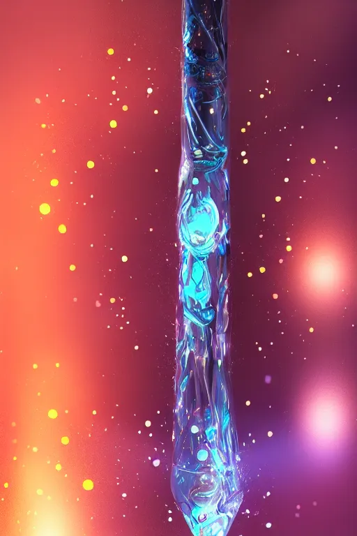 Image similar to a water magical staff, sparkling aura, bokeh, ultrafine detail, concept art, dnd, digital art, artstation