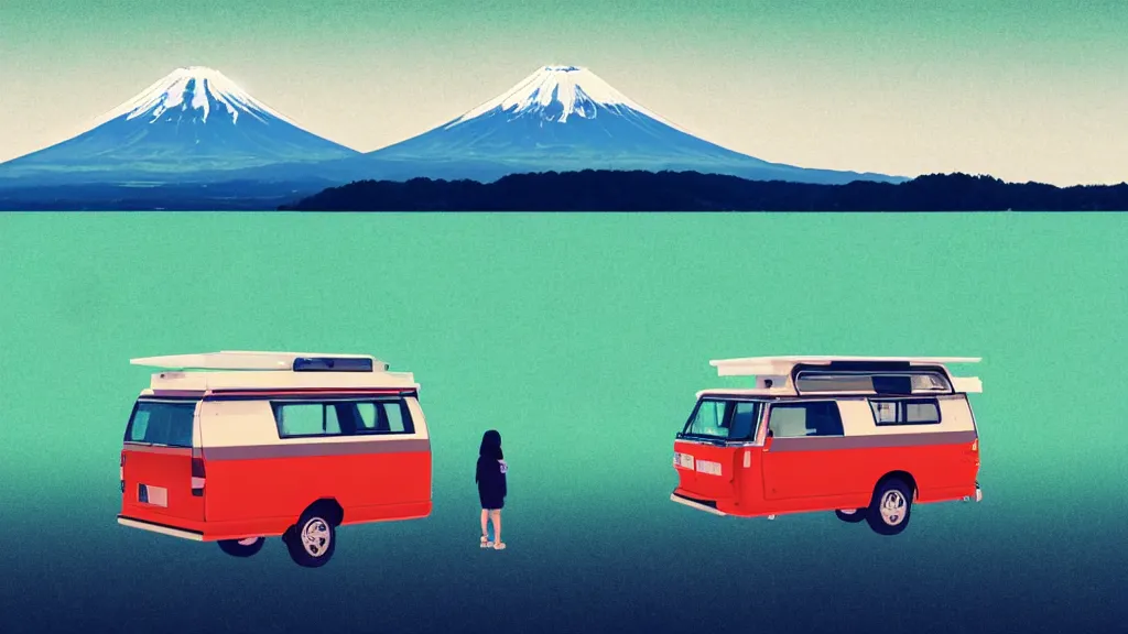 Image similar to a scene of two travellers and their camper touring at yamanaka lake, reflecting mount fuji, japan, a collage painting, in the style of wes anderson, lola dupre, david hockney, isolated on negative white space background dark monochrome neon spraypaint accents volumetric octane render