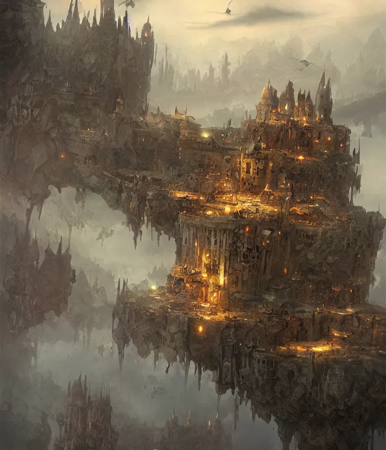 Image similar to a painting of a city castle floating in the air, flying island, sky town, levitating citadel, a matte painting by marc simonetti, deviantart, fantasy art, lush world above a vast apocalypse landscape, matte painting, apocalypse utopia art, sharp detail, ultrarealistic