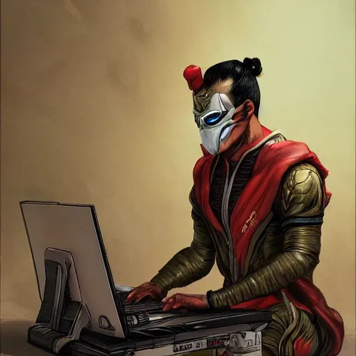 Image similar to an insanely detailed painting of a asian man wearing a homemade superhero costume and mask, sitting at a computer desk typing on the keyboard, in the style of peter mohrbacher, dramatic lighting and composition, trending on artstation, concept art, comic book, graphic novel, back view