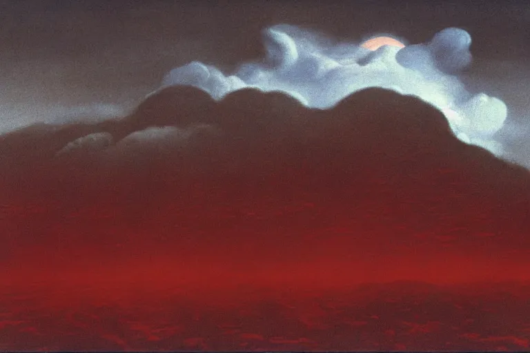 Image similar to a detailed volcanic landscape , violent clouds in the sky with glowing red eyes in the sky by Zdzisław Beksiński