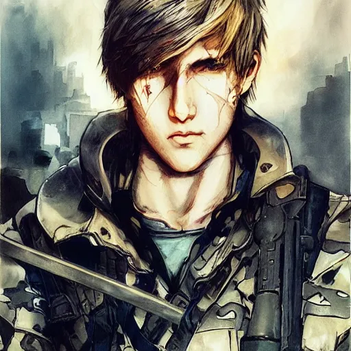 Prompt: full portrait of a young white hero using his right arm to hold his sword covering his eye by yoji shinkawa, high quality, extra details, realism, ornate, colored, golden chain, blood, white skin, short hair, brown eyes, vivid, sunlight, dynamic, american man, freedom, white american soldier, painting, cybernetics, military