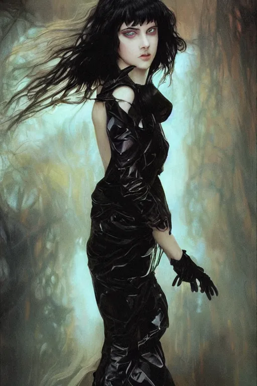 Prompt: portrait of teenage girl with glossy black hair, blue eyes, glowing porcelain skin, fashion model features, dark fantasy, dark academia, intricate, elegant, black dress, highly detailed, digital painting, artstation, concept art, smooth, sharp focus, illustration, art by Krenz Cushart and Artem Demura and alphonse mucha