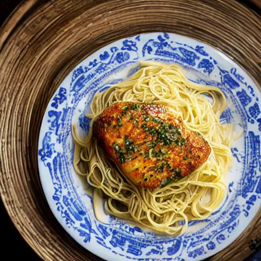 Image similar to photograph of Chicken Piccata with angel hair noodles from Cheesecake Factory, plate on bed in hotel room